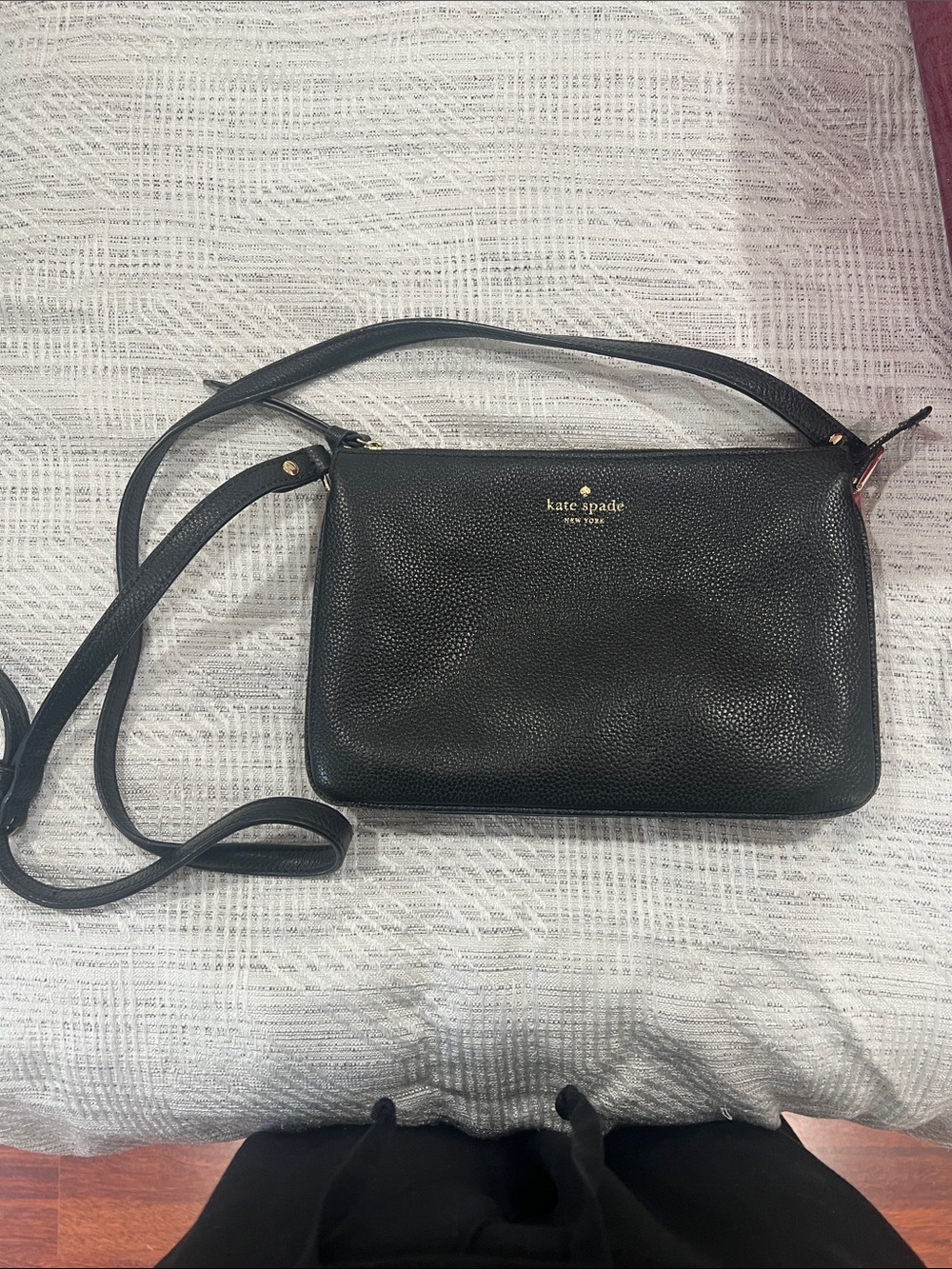 kate spade Black Pebbled Leather Crossbody with Gold Logo